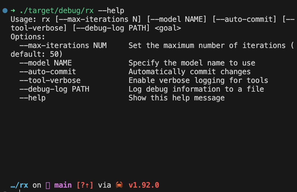 Example result: help command output