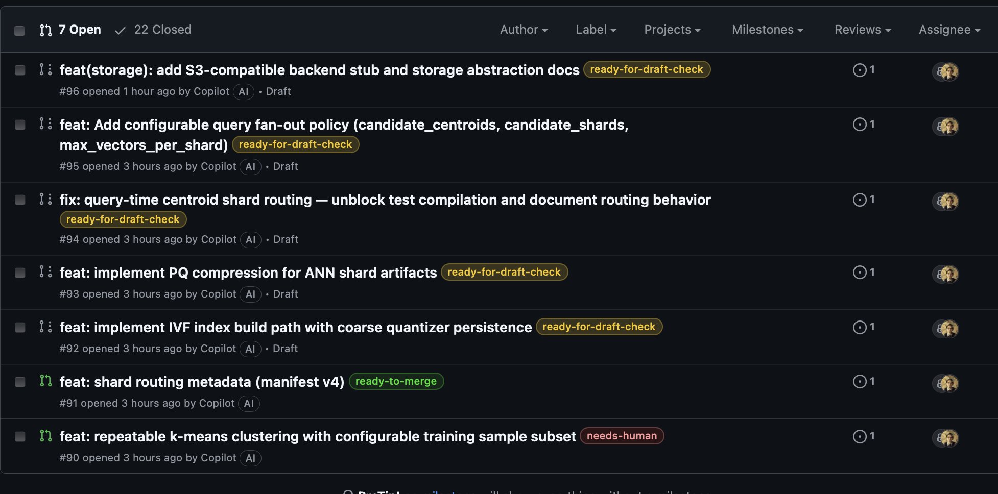 GitHub pull request list showing labeled draft and review-state PRs in the autonomous development loop